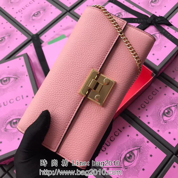 GUCCI古馳 歐洲正品原單 padlock系列 最新二折款 爆款鏈條皮夾 453506 櫻花粉摔紋全皮 WTG1357